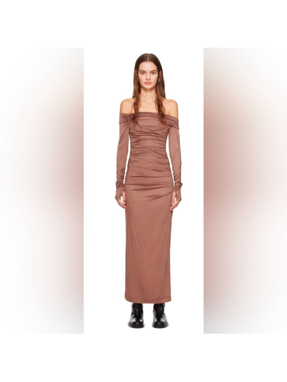 Helmut Lang Off-Shoulder Ruched Maxi Dress in Brown Size S